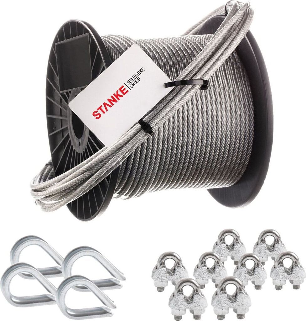Seilwerk STANKE Rankhilfe PVC Drahtseil ummantelt verzinkt 100m Stahlseil 4mm 6x7, 4x Kausche, 8x Bügelformklemme - SET 2
