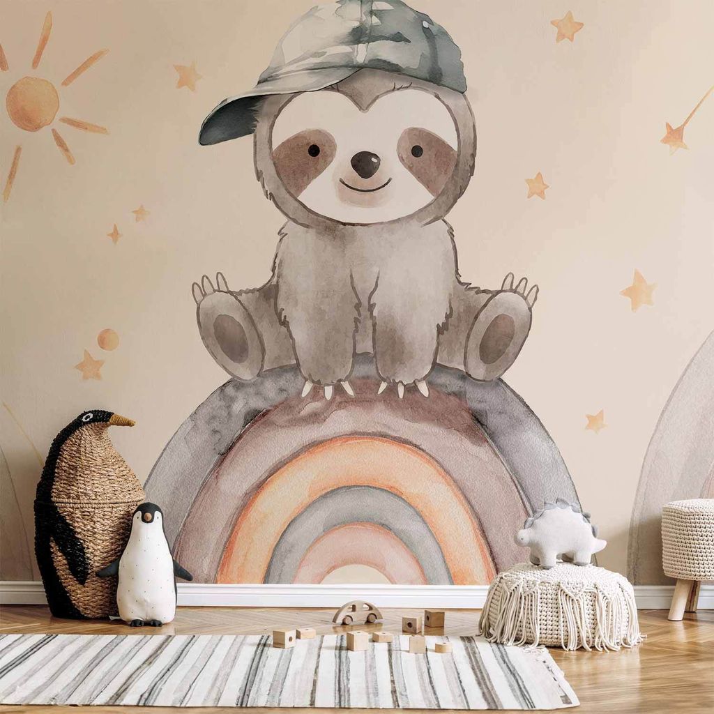 Vlies Fototapete - Little Sloth Among Stars and Rainbows 450x315 cm Für Kinder e-C-10060-a-a