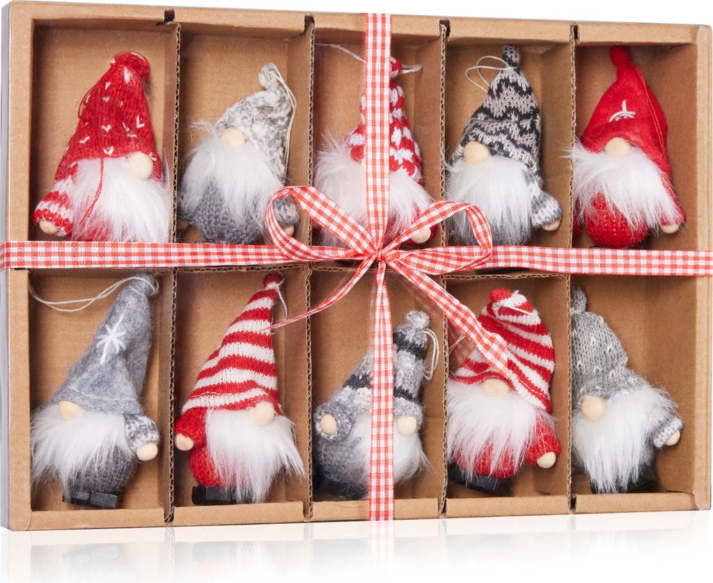 BRUBAKER 10er Set Weihnachtsgnom aus Holz und Strick - Baumanhänger Weihnachtszwerge Wichtel - Weihnachtsanhänger 9 cm - Weihnachtswichtel