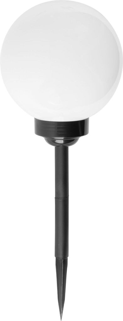 A white spherical solar garden light with a black stake.