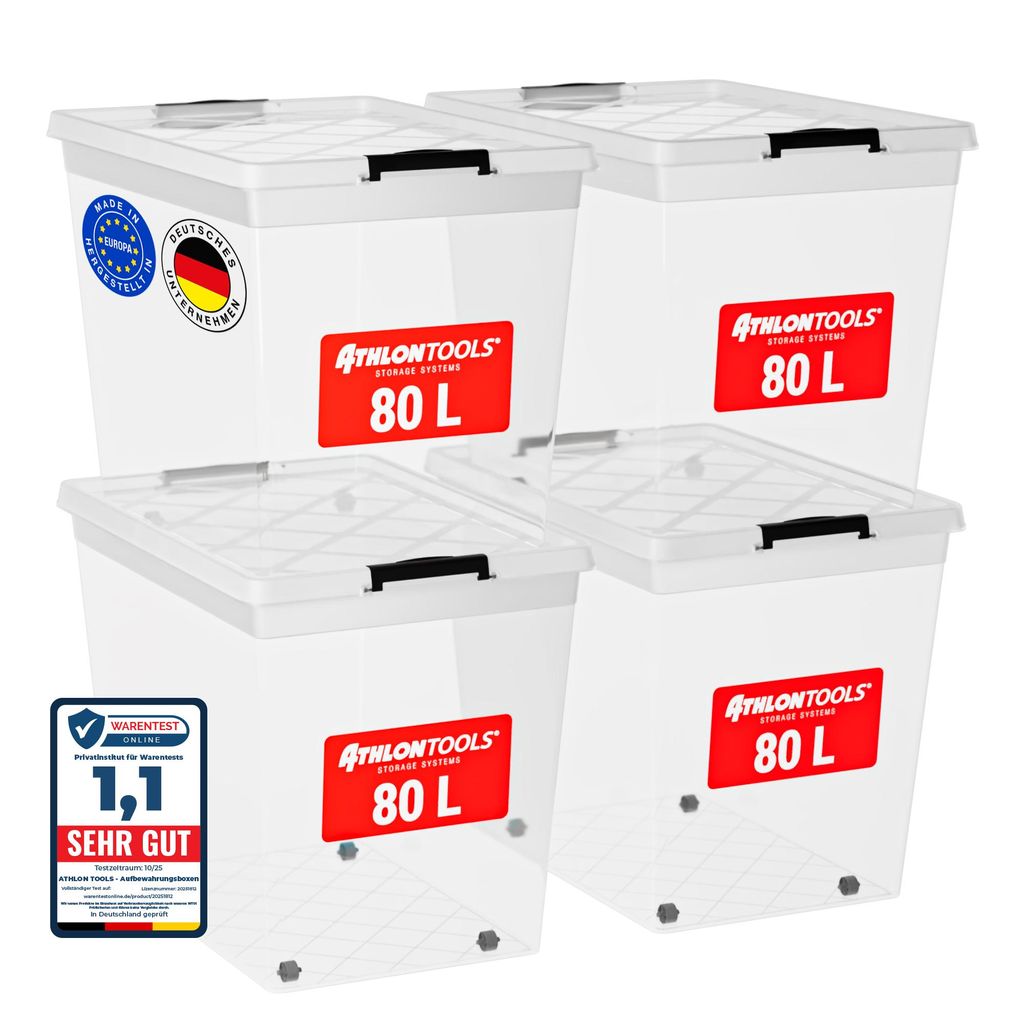 ATHLON TOOLS 4 x 80L Aufbewahrungsboxen mit Deckel - rot Produktbild 