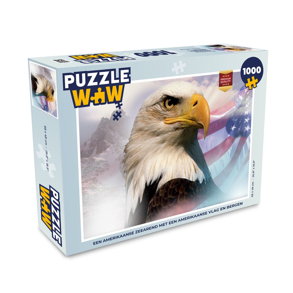 MuchoWow Puzzle 1000 Teile Ein amerikanischer Weißkopfseeadler mit einer amerikanischen Flagge und Bergen - Erwachsene - Rätsel