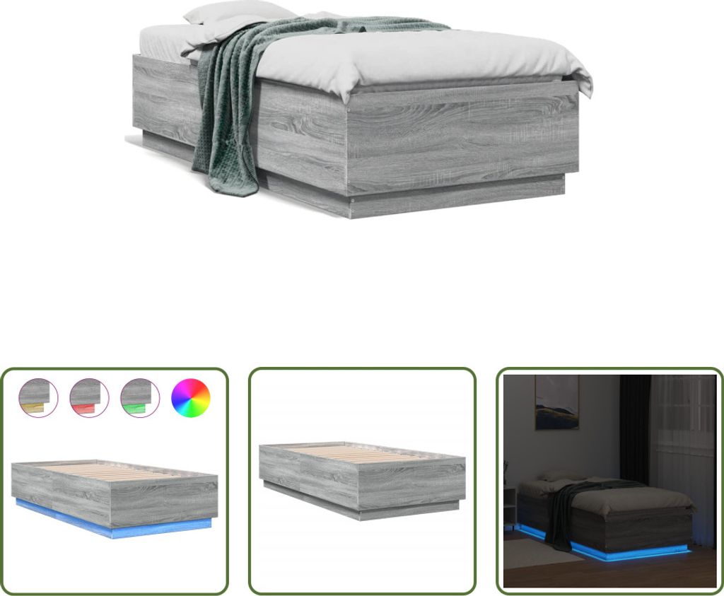 The Living Store Bettgestell mit LED Grau Sonoma 75x190 cm Holzwerkstoff