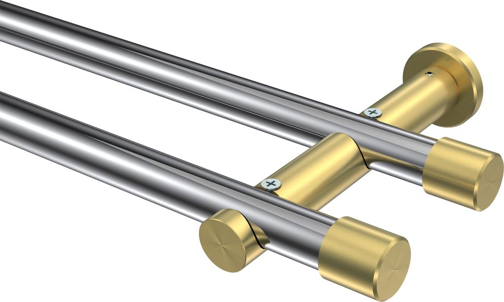 Interdeco Gardinenstange / Vorhangstange Chrom / Messing-Optik, Typ Platon Santo (Kappe) ohne Ringe, 20 mm Ø 2-läufig, 100 cm