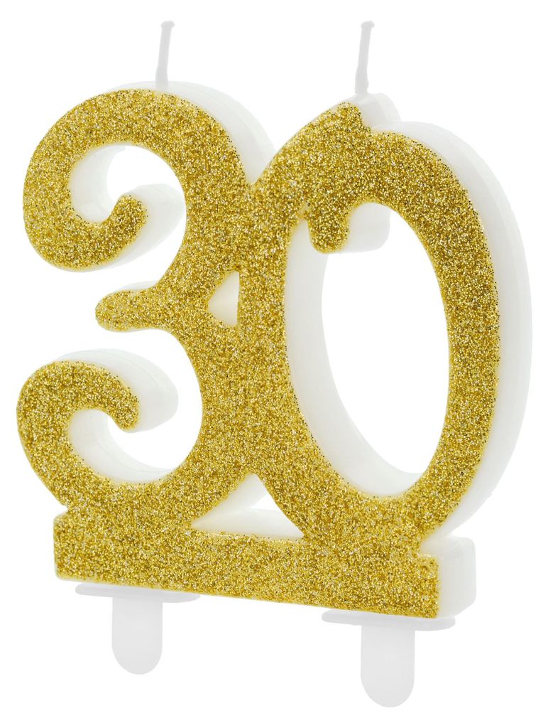 Narodeninové sviečky 30 rokov 7,5 cm, zlaté / trblietavé Obrázok produktu 
