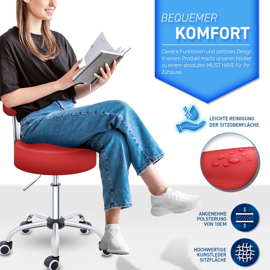 TRESKO Roller Stool Červená s opierkou Pracovná stolička Obrázok produktu 3