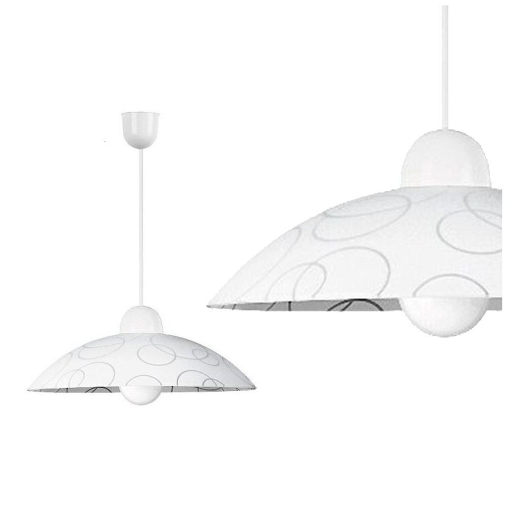 Two white pendant lamps with a circular pattern are shown against a white background. One lamp is shown in full, hanging from a white cord, while the other is a close-up view of the shade.