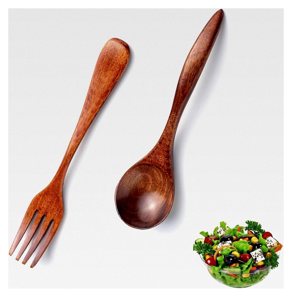 Salatbesteck, 2-teilig, rustikales Holzbesteck mit Salatgabel und Salatlöffel, Küchenhelfer für Salate, natürliche Holzoptik für die Küche (1...