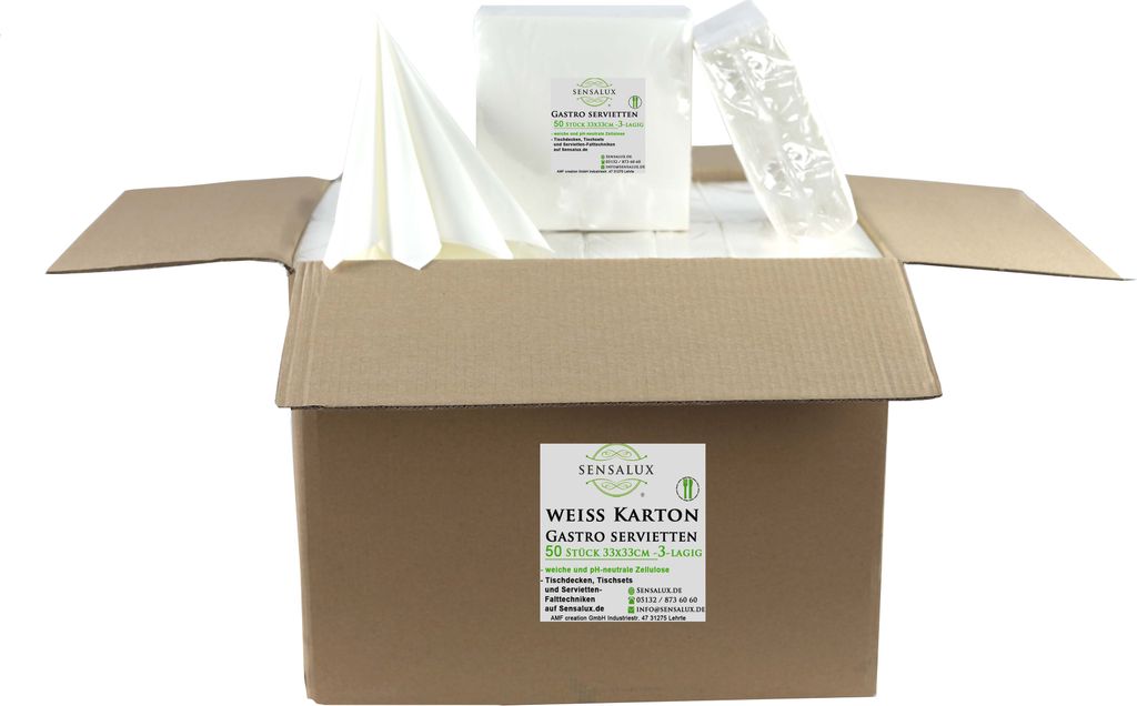 Sensalux Servietten Karton, 32 x 50 Stk., 33x33cm, 3 lagig, 1/4 Falz weiß