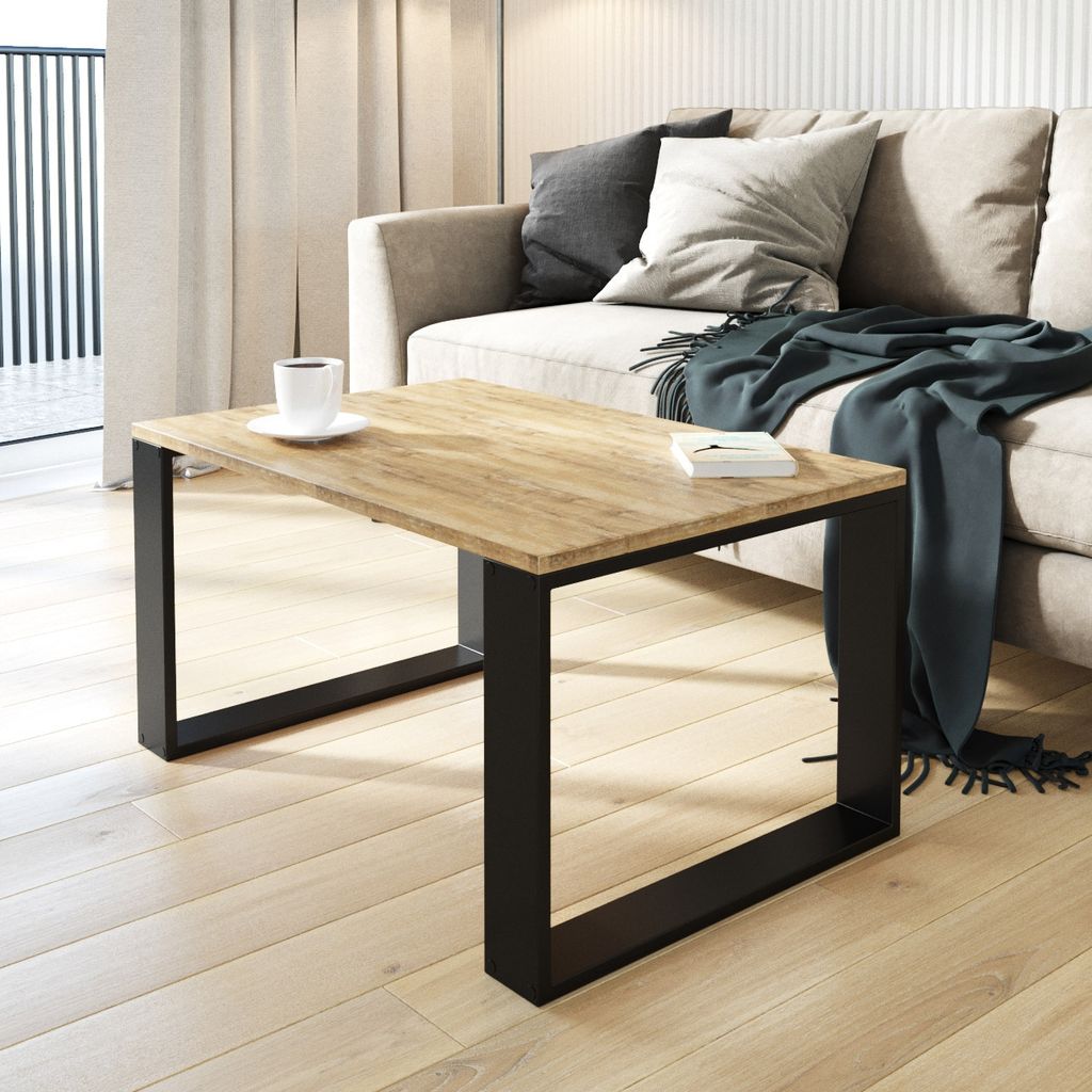 AKKE Retro-Holz Couchtisch mit schwarzen Beinen LxBxH: 80x60x55 cm