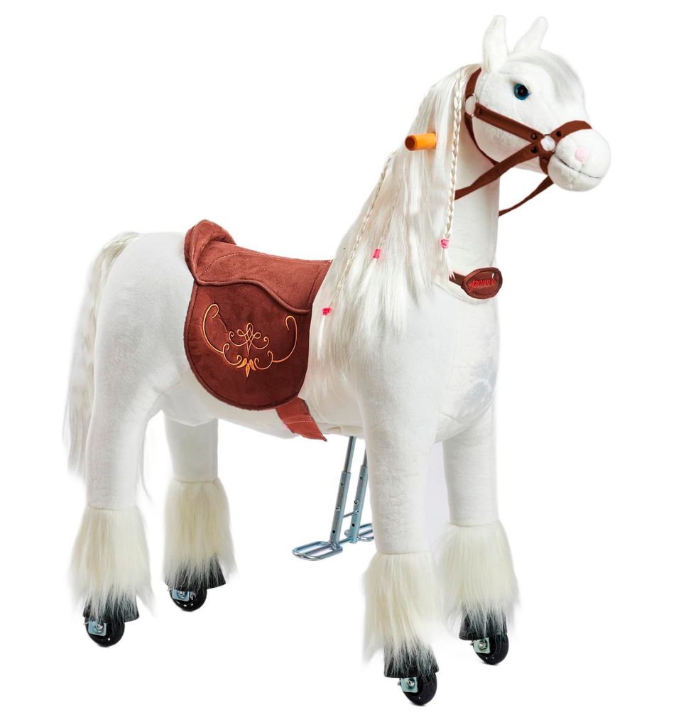 A white plush horse toy with a brown saddle and bridle, standing on a white background.