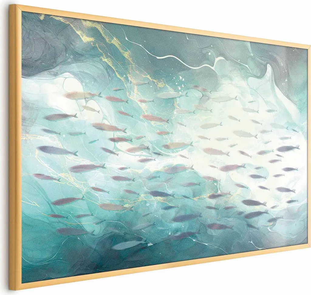Poster Artistico Fish Shoal 90x60 cm - Cornice Oro Minimal Chic