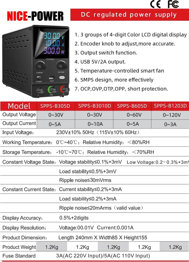 Alimentation de laboratoire CC 60V 5A - Modèle Basic Réglable Bleue