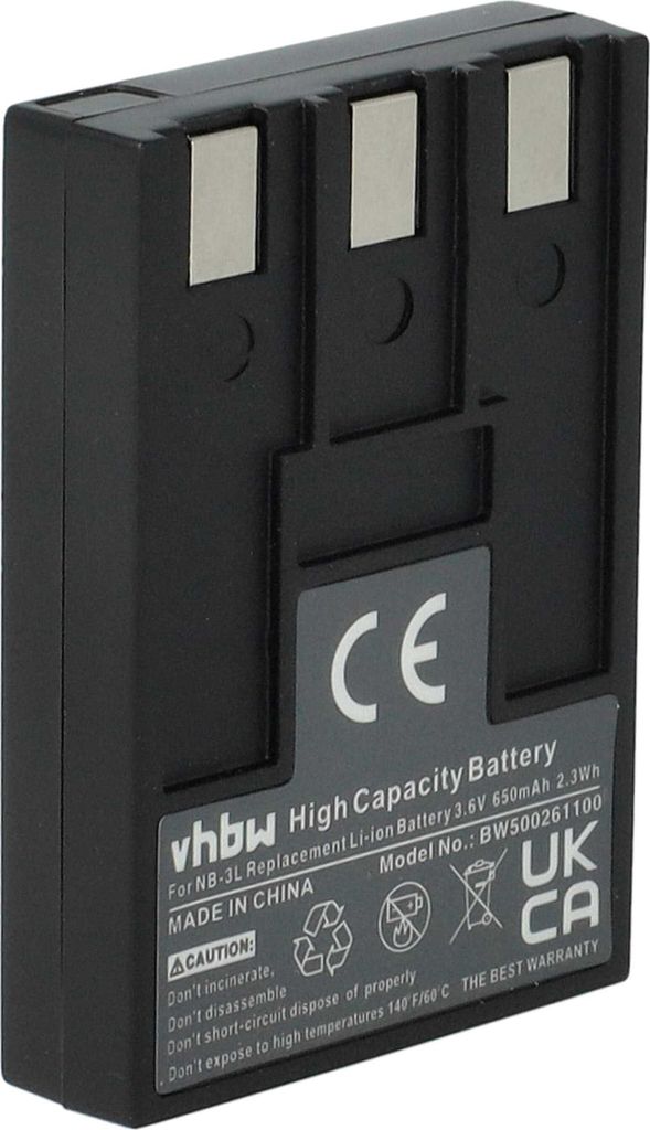 vhbw Akku Ersatz für Canon NB-3L für Kamera (650 mAh, 3,6 V, Li-Ion)