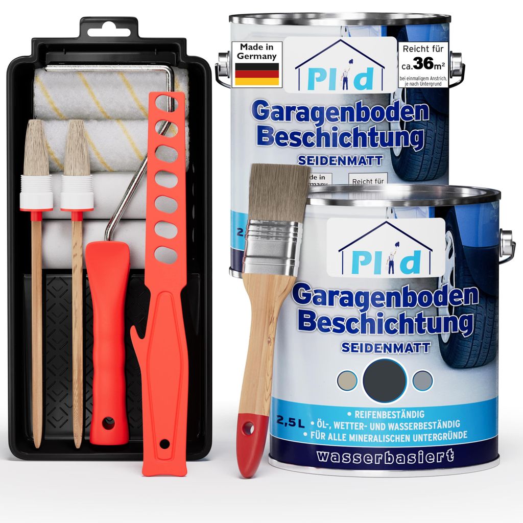 Plid Garagenbodenbeschichtung Set 5L Anthrazit – für ca. 36m² / Betonbodenfarbe & Versiegelung – inkl. Anstreichset, abriebfest & strapazierf...