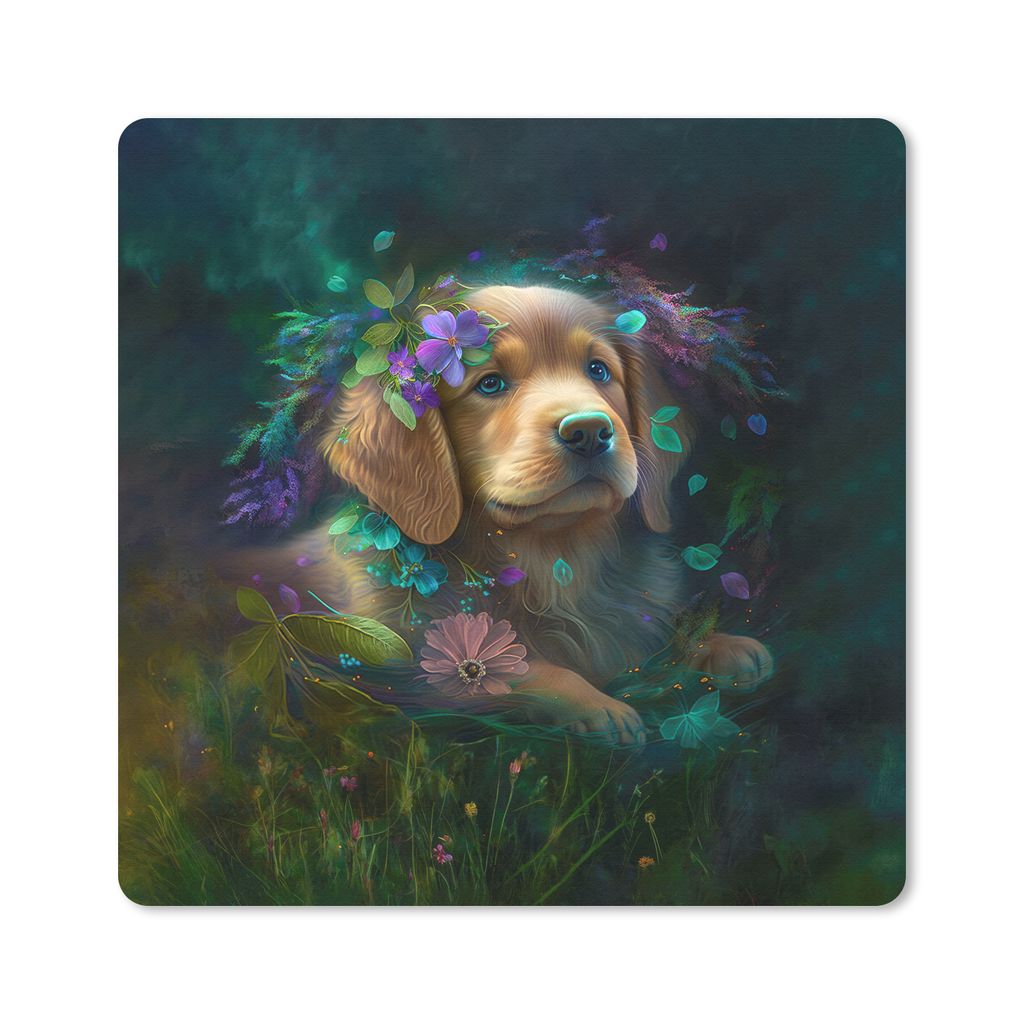 MuchoWow Mauspad Mousepad Hund - Welpe - Blumen - Natur - Golden Retriever 20x20 cm - Mousepads - Maus Mat - Pad - Mausunterlage - Desk Mat - Bur...