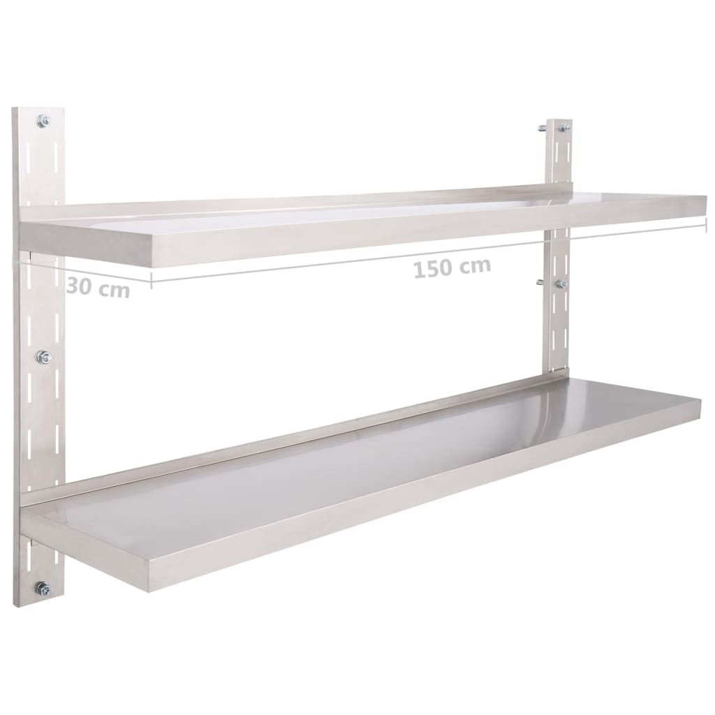vidaXL Wandregal mit 2 Ablagen Edelstahl 150x30 cm