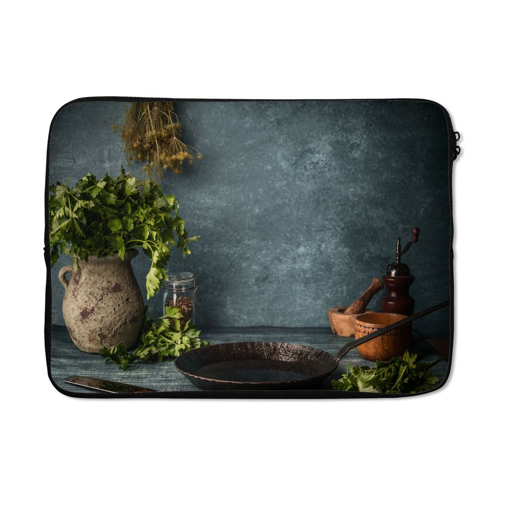 MuchoWow Laptop Hülle 14 ZollKräuter - Gewürze - Pfanne - Messer - Grau - Rustikal Laptoptasche - Laptoptasche - Stoßsicher - Schutzhaube