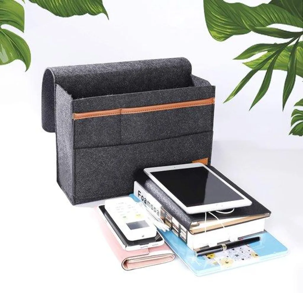 Poche de rangement de chevet en feutre gris pour iPad et livres de lit