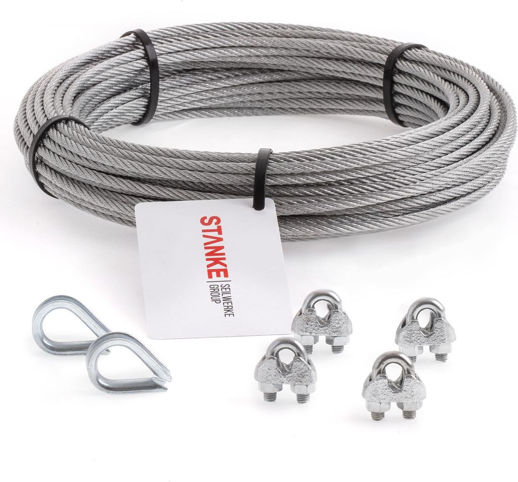 Seilwerk STANKE Rankhilfe Drahtseil verzinkt 100m Stahlseil 5mm 6x7, 2x Kausche, 4x Bügelformklemme - SET 1