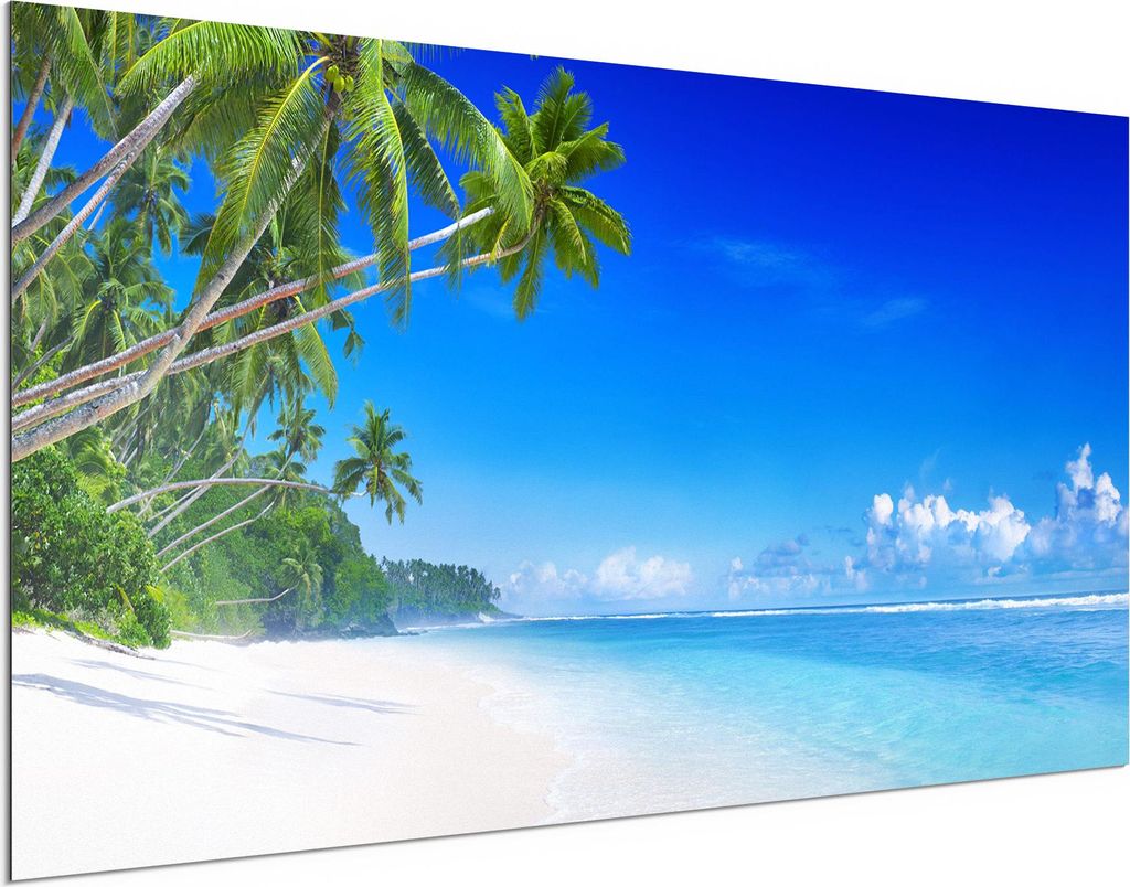DEQORI Alu-Dibond Bild Weiß 100x50 cm 'Palmen am Sandstrand' Wandbild Metall dünn Design