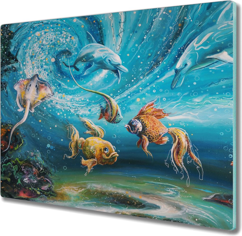 Coloray Schneidebrett Herdabdeckplatte 60x52 cm Kochplattenabdeckung Küchenbrett Hackbrett - Malerei Tiere Fische