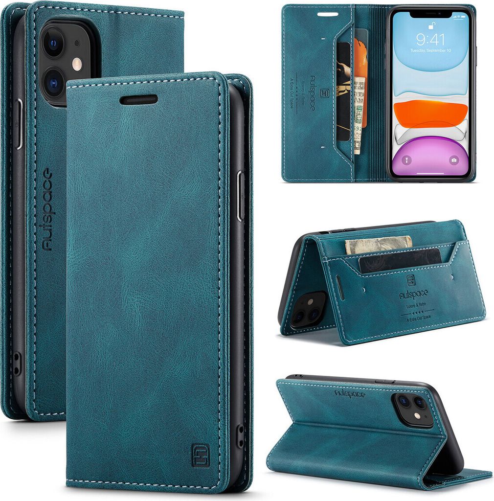 iPhone 11 Brieftasche Hülle, Retro Kunstledertasche Stand Schutzhülle für iPhone 11 Blau