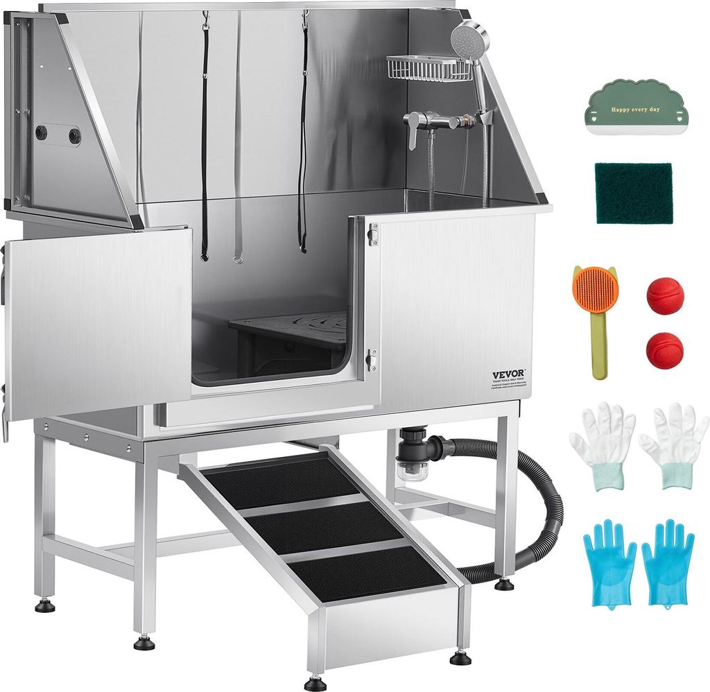 VEVOR Hundewaschstation Edelstahl, 1270x580x1495 mm Tierpflegewanne mit Rampe, PE-Wasserfilterplatte, Wasserhahn, Duschkopf & Seifenhalter, für gr...