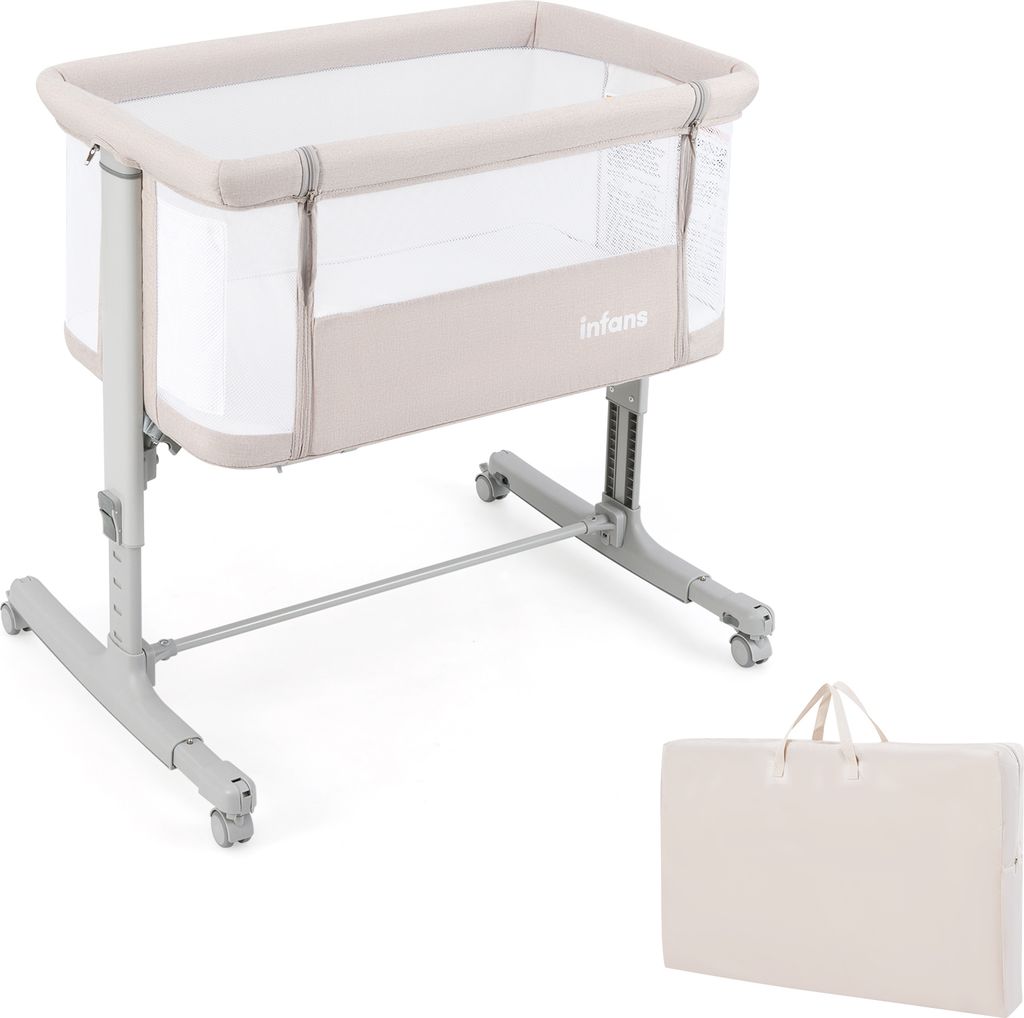 COSTWAY 3 in 1 Beistellbett, Reisebett Baby mit Matratze, Babybett & Babywiege & Kinderbett 5-stufig höhenverstellbar neigbar, Stubenwagen Beige