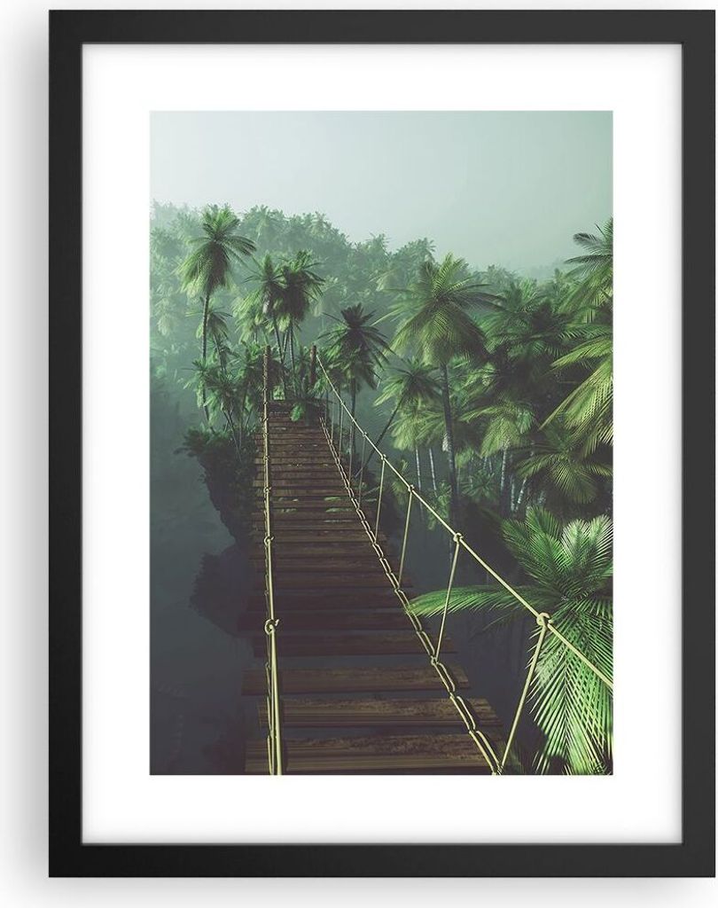 Gerahmtes Poster - Schwarzer Rahmen - Dschungel Palme Brücke - 30x40 cm - Wand Bild - Wanddeko - Wandbilder - Kunstposter - Wandposter - Bilderrah...