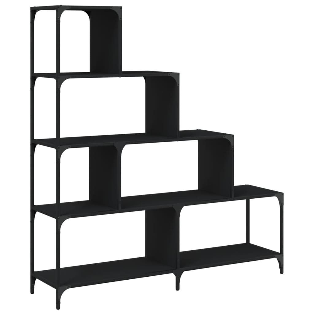 A black, multi-tiered bookshelf against a white background.
