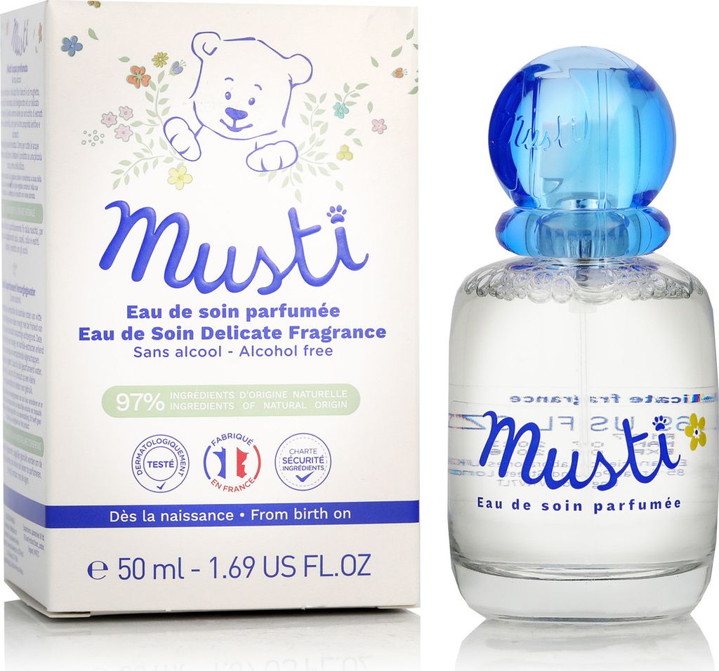 A product shot of a baby perfume bottle and its packaging.