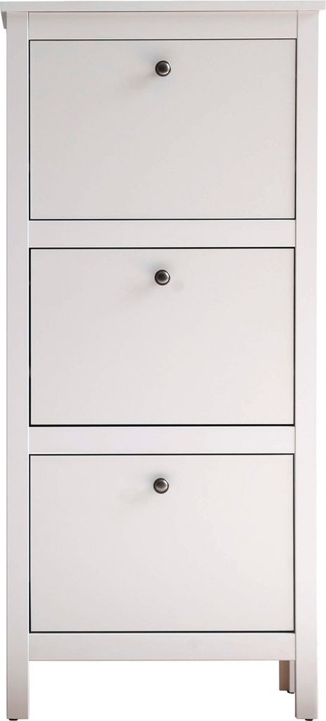 A white shoe cabinet with three flip-down doors.