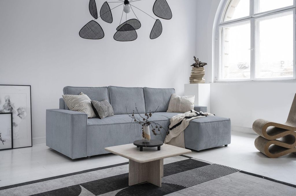 MIUFORM Brave Dave - Ecksofa mit Bettfunktion und Bettkasten Sofa mit seitenverkehrt montierbarer Ottomane - 250x156cm - Cord Hellgrau - Sofa Schla...