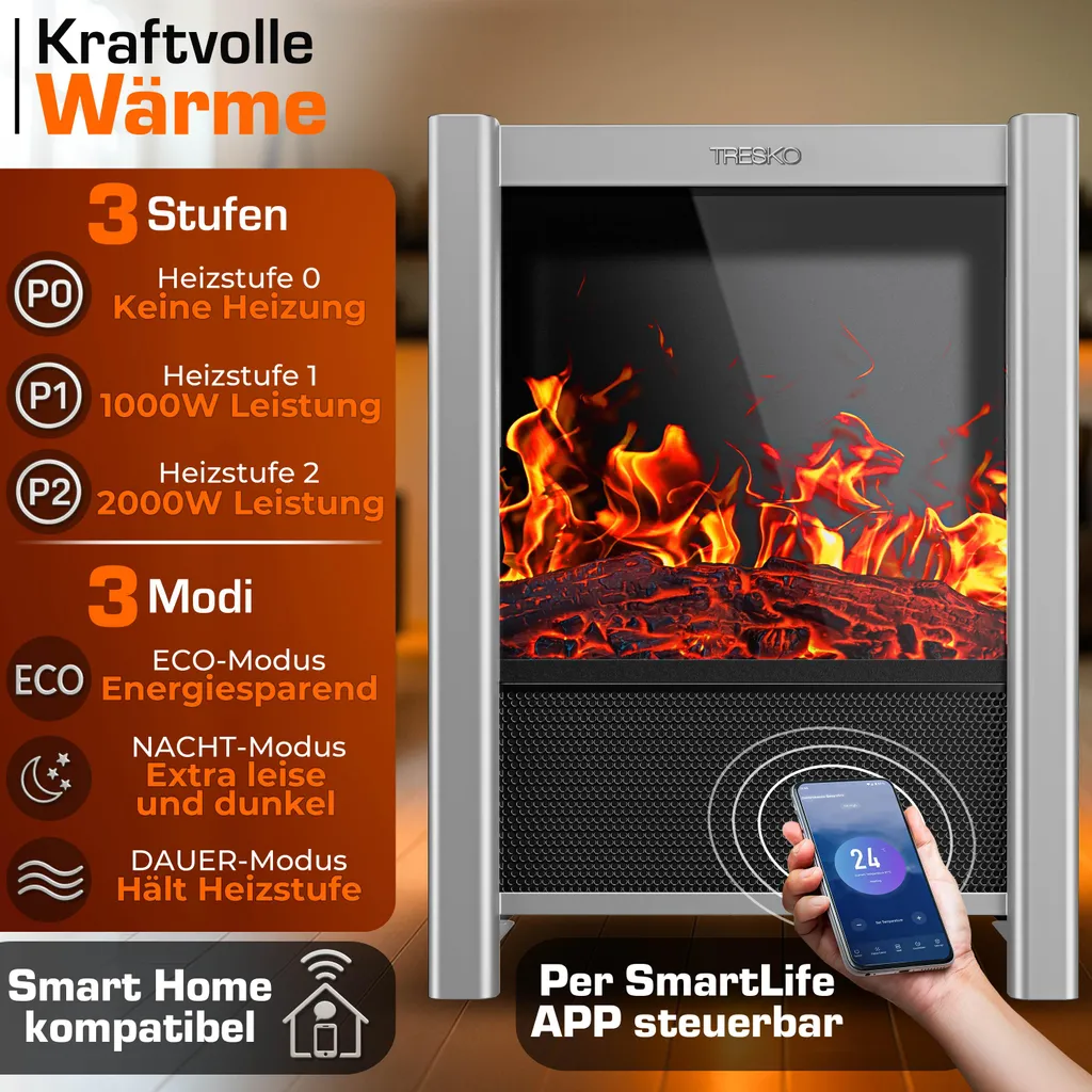 Cheminée Électrique WiFi App 2000W avec Effet Feu de Bois et Timer - 4