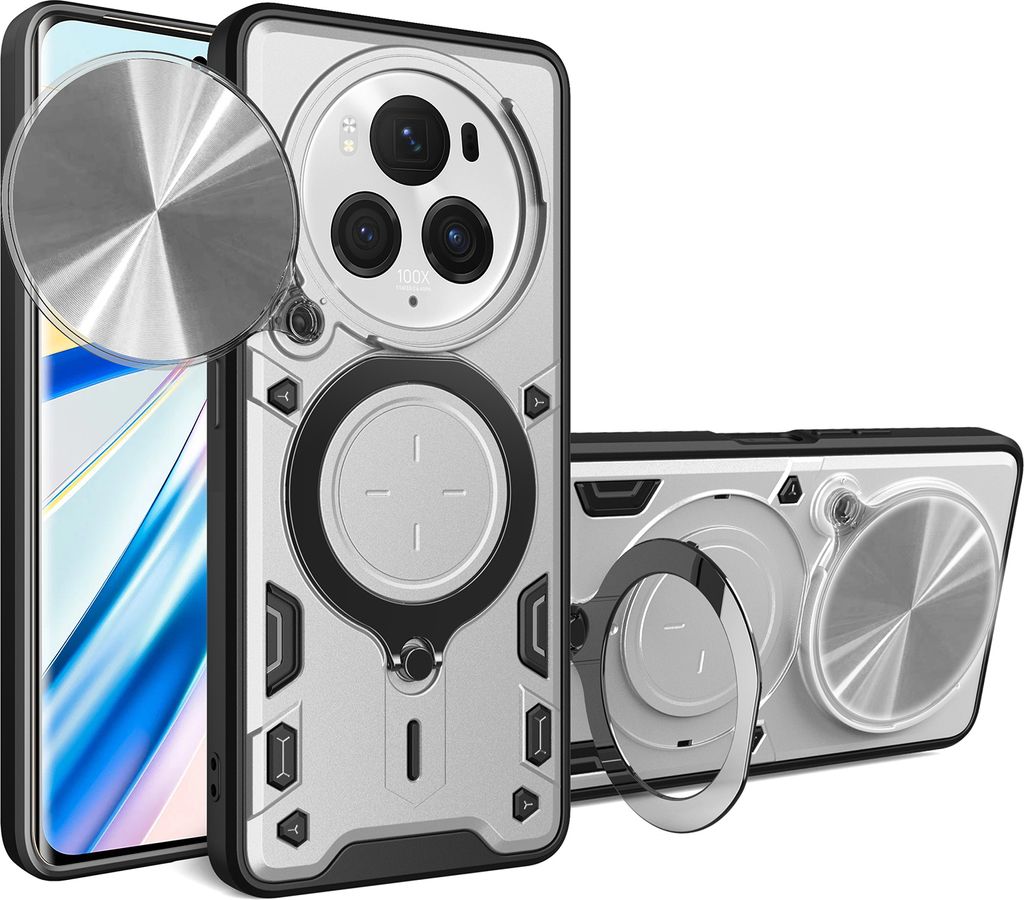 Handyhülle für Honor Magic6 Pro Dual-Layer Stoßfest Rüstung Hülle mit Dia Kameraschutz und Kreisförmig Ring Ständer Silber