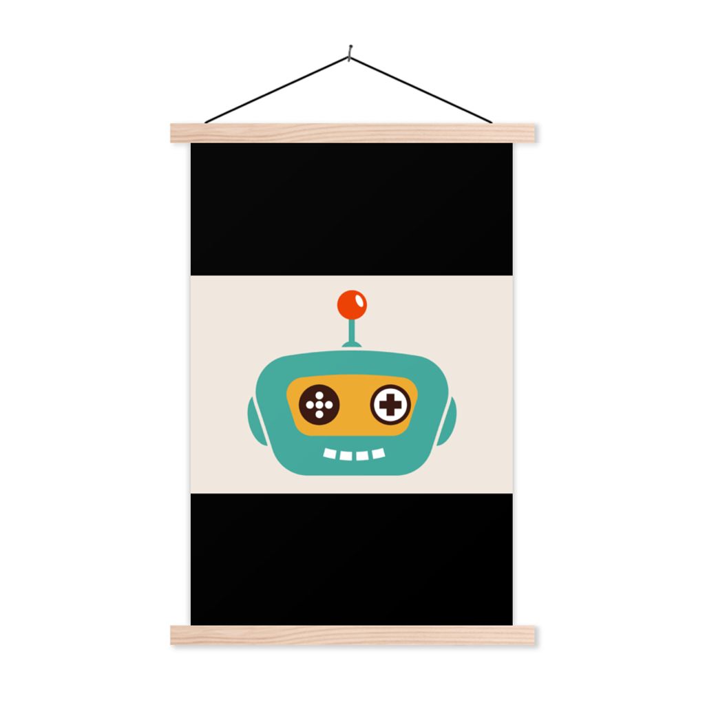 MuchoWow Textilposter Roboter - Gesicht - Antenne - Technik - Junge - Kind 120x80 cm mit holzfarbenen Rahmen - Aufhängeset