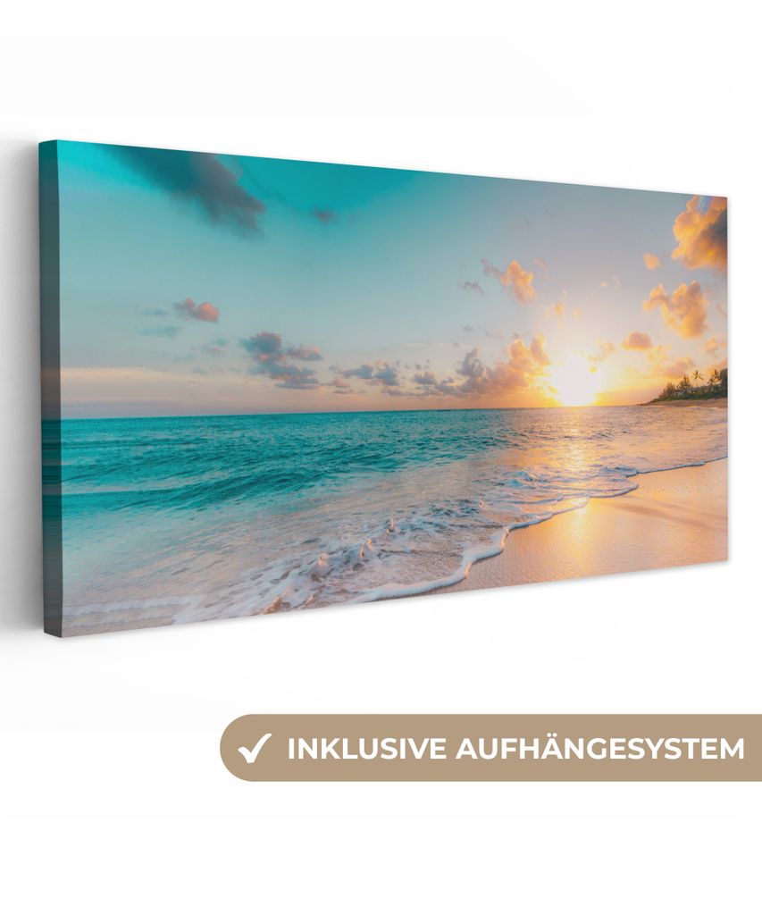 MuchoWow - Leinwandbilder - Sonnenuntergang - Strand - Meer - Sommer - Blau, Wandbild, Wanddeko Bilder Wohnzimmer, 40x20 cm