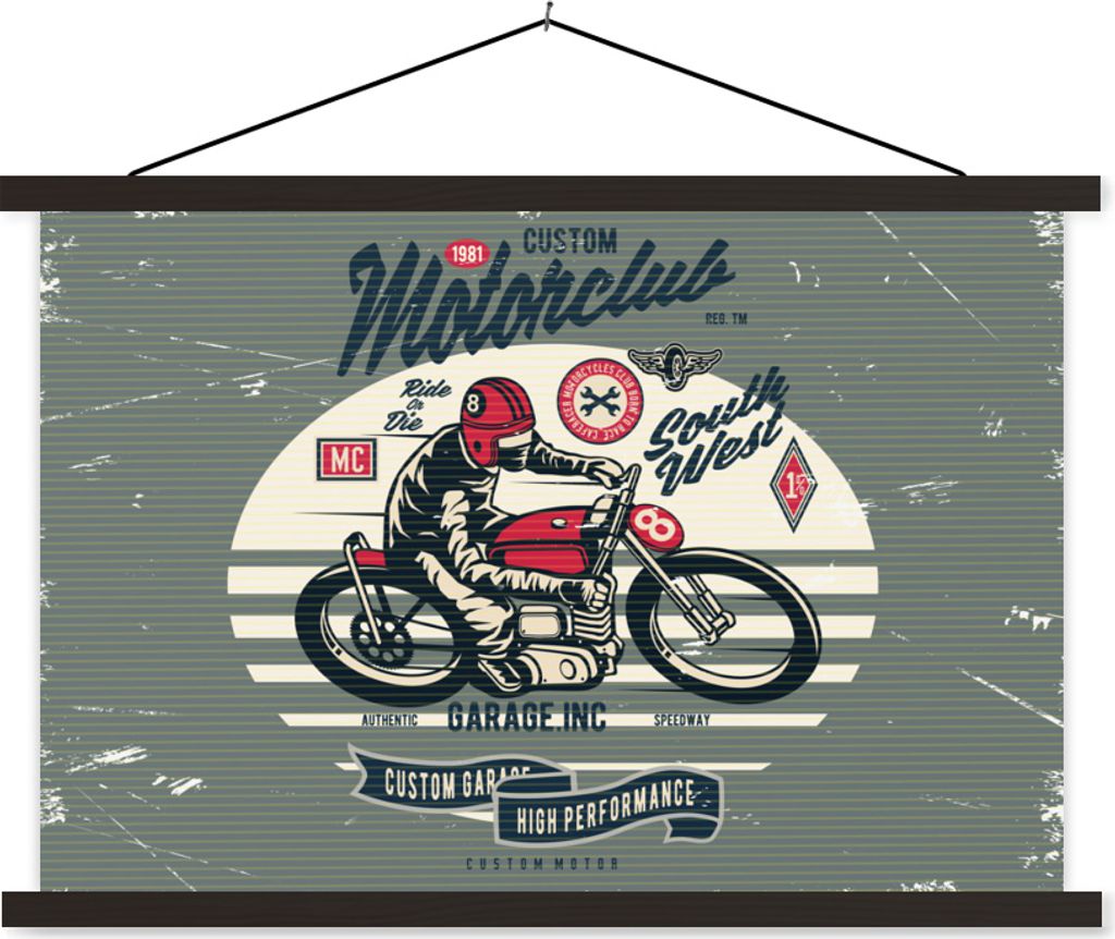 MuchoWow Textilposter Motorrad - Retro - Zitat 90x60 cm mit schwarzem Rahmen - Aufhängungssatz