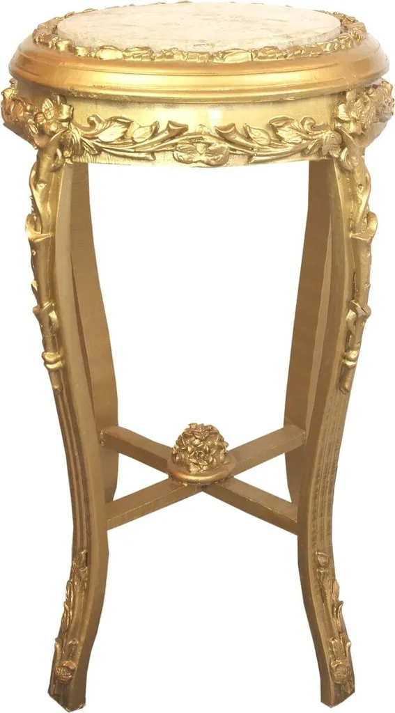 Table Ronde Baroque Plateau Marbre Crème et Sculptures Main Dorées