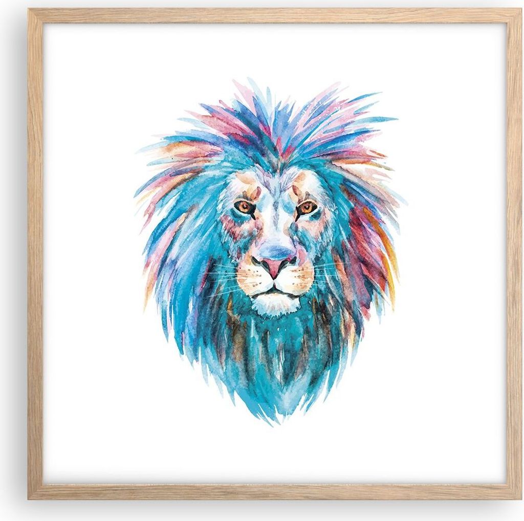 Gerahmtes Poster - Rahmen in heller Eiche - Bunt Löwe Mähne - 50x50 cm - Wand Bild - Wanddeko - Wandbilder - Kunstposter - Wandposter - Bilderrah...