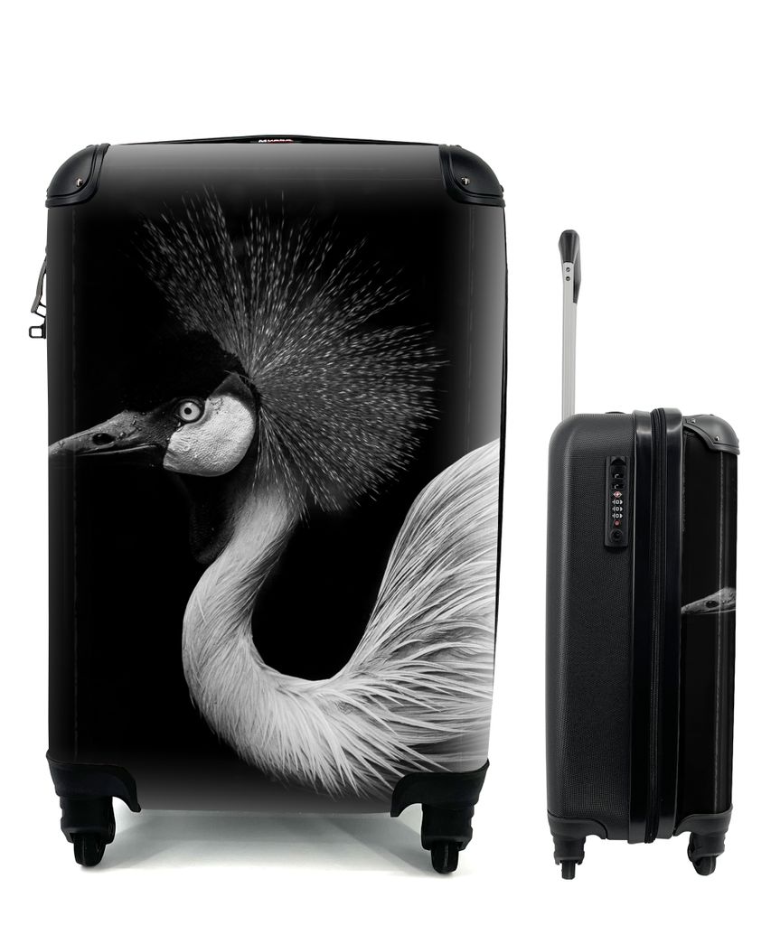 MuchoWow Koffer Handgepäck Trolley Rollkoffer Kleine Reisekoffer mit 4 Rollen - Kranich - Schwarz - Weiß - Vogel - Tiere - Cabin Size < 55x40x2...