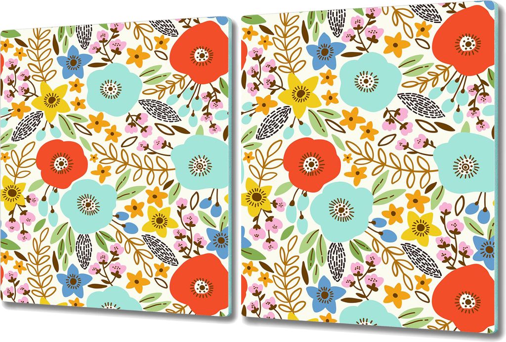 Glas-Herdabdeckplatte Glaskeramikkochfeld-Abdeckung Spritzschutz - 2x 40x52 cm - Bunte Wiesenblumen