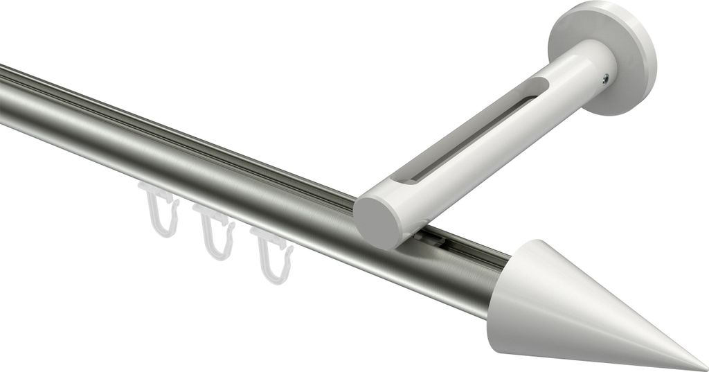 Interdeco Innenlaufstange / Gardinenstange mit Innenlauf Edelstahl-Optik / Weiß, Typ Siteno Savio (Kegel), 20 mm Ø 1-läufig, 160 cm