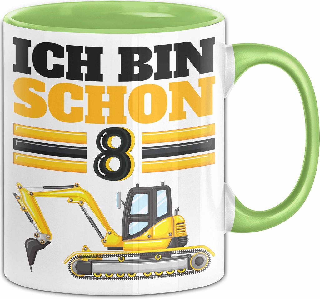 8. Geburtstag Geschenk Tasse Becher Jungs Bagger Ich Bin Schon 8 (Grün)