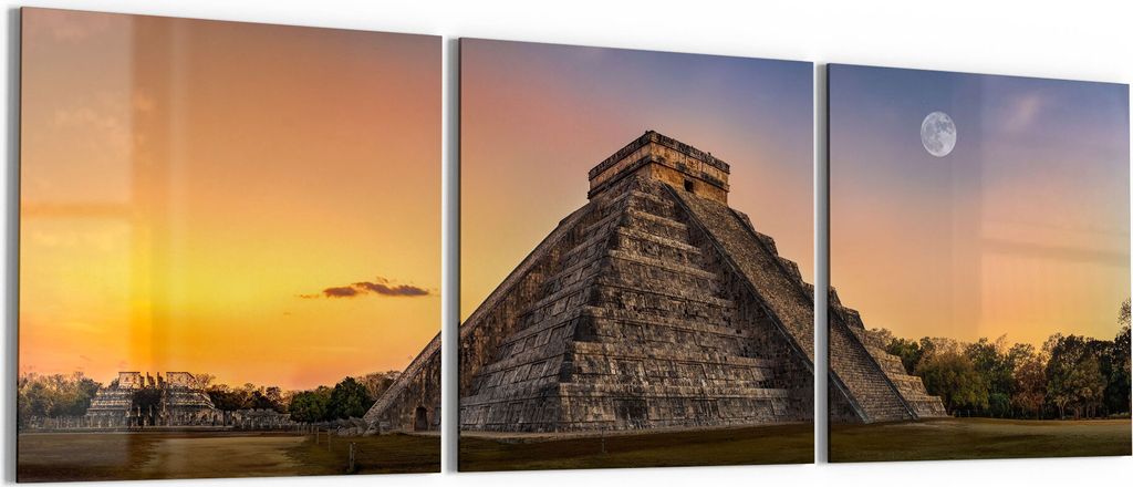 DEQORI Glasbild Echtglas 3x50x50 cm 'Maya-Pyramide am Abend' Wandbilder XXL groß