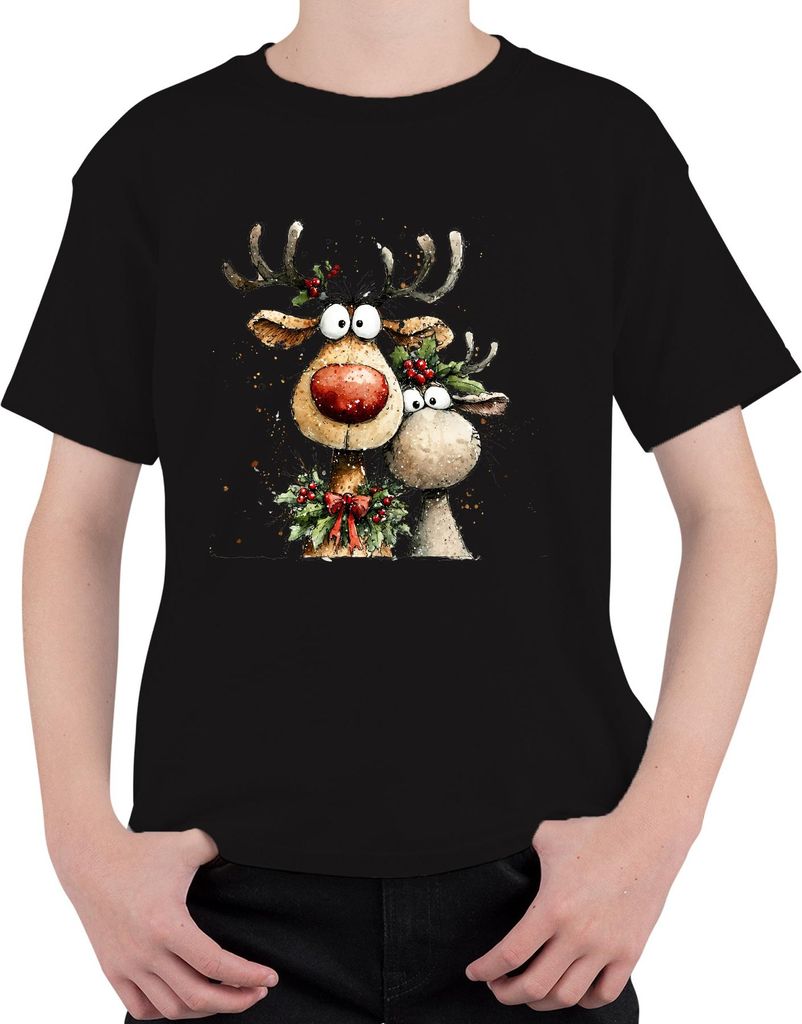 Lustige Rentiere Rotnase Weihnachten Geschenk Aquarell Niedlich Uni Kinder T-Shirt, Schwarz, 128