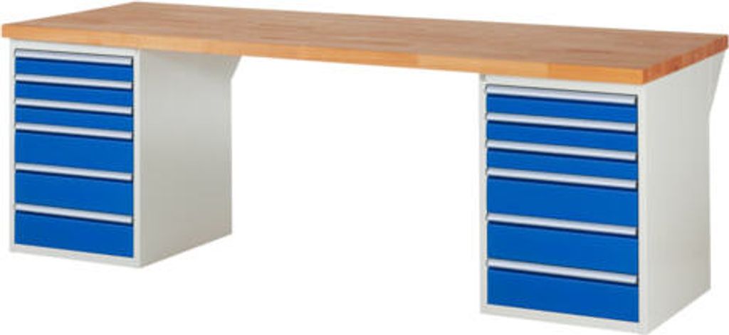 Werkbank mit 12 Schubladen - Teilauszug - 90:6 / 150:6 - 840 x 2.500 x 900 mm (HxBxT) - Traglast 1.000 kg - Buche