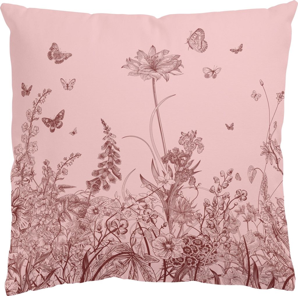 Dekokissen Blumen drinnen / Indoor Zierkissen Canvas waschbar Blumenwiese rosa Illustration Sofakissen mit Füllung