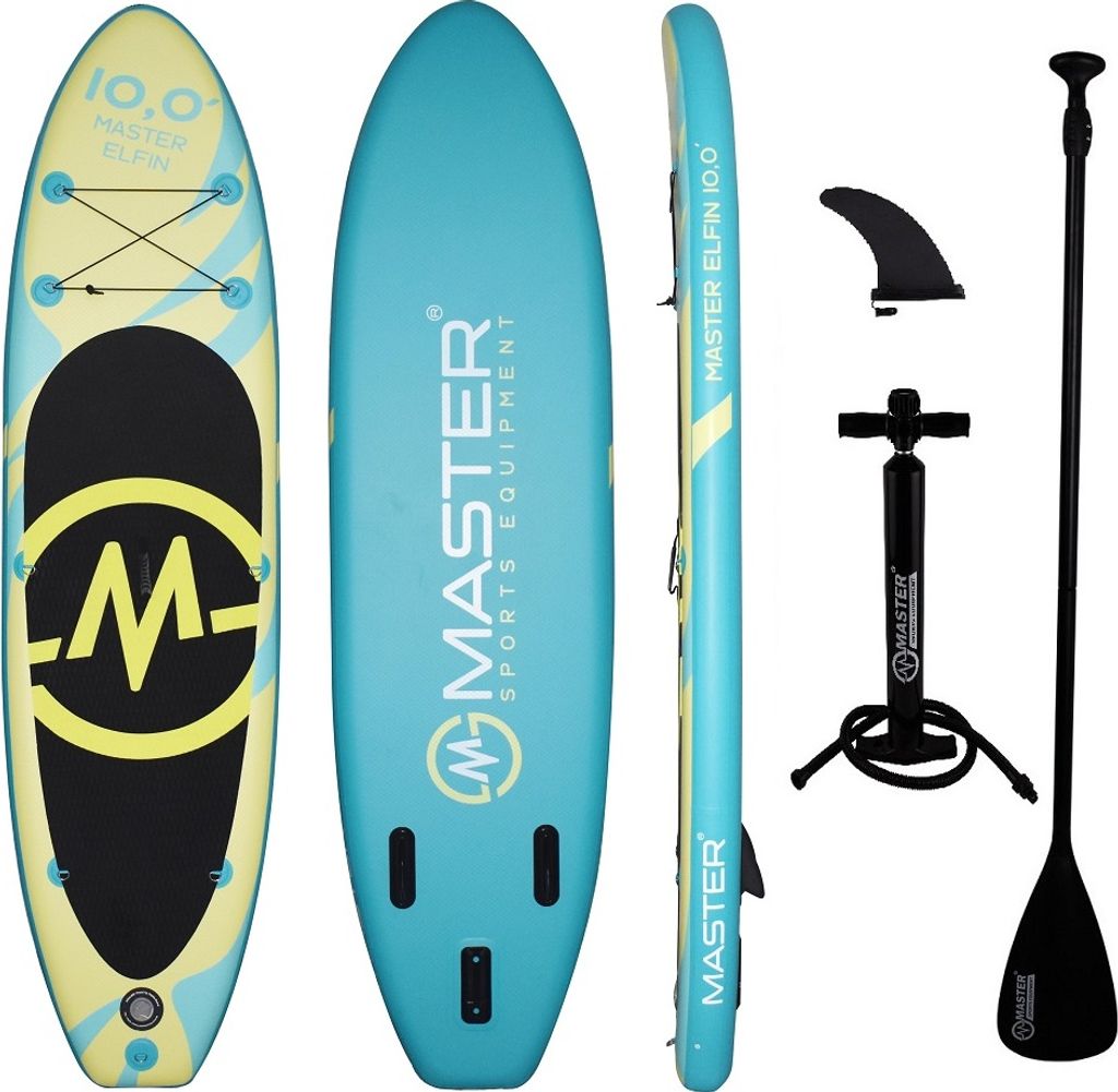 A paddleboard and its accessories are displayed against a white background.